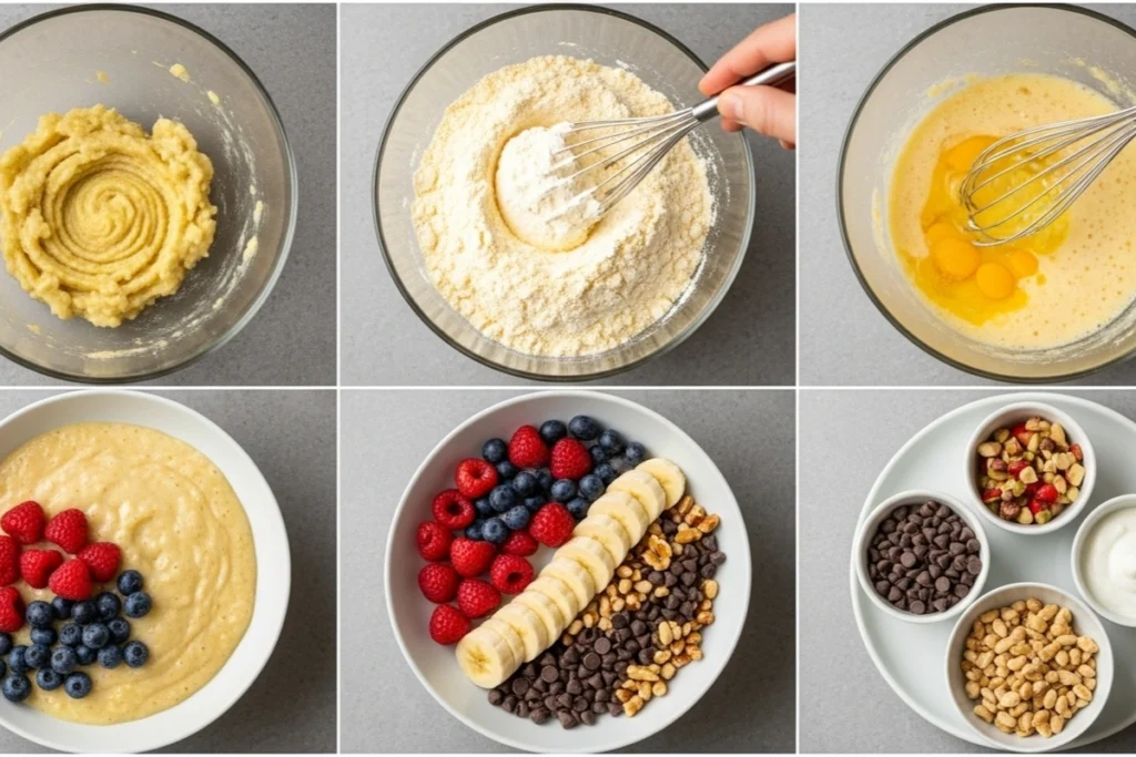 pancake bowl ingredients being mixed in a bowl
