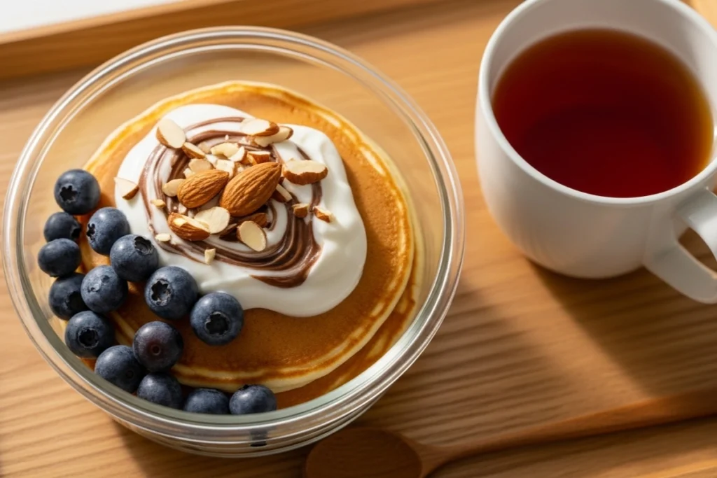 pancake bowl topped with yogurt, almonds, and blueberries in glass container