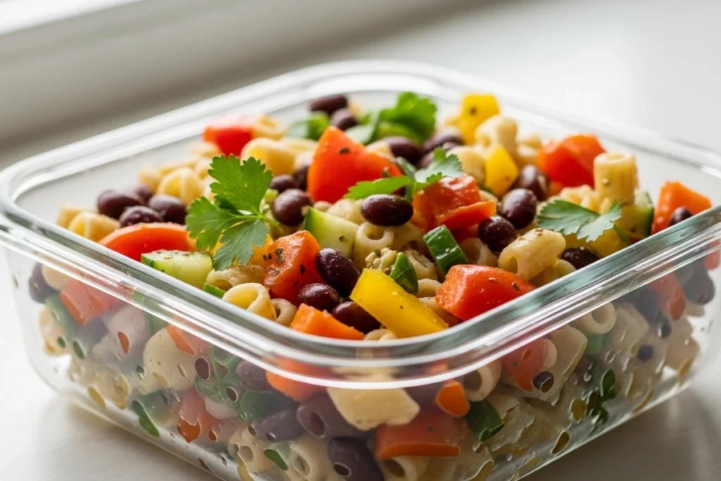 Legume pasta salad in a glass meal-prep box
