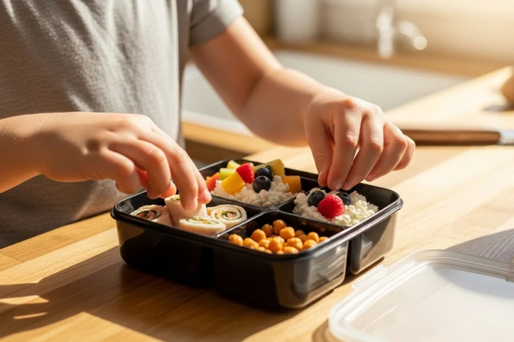 Child assembling a protein snack box with cheese, turkey, and roasted chickpeas