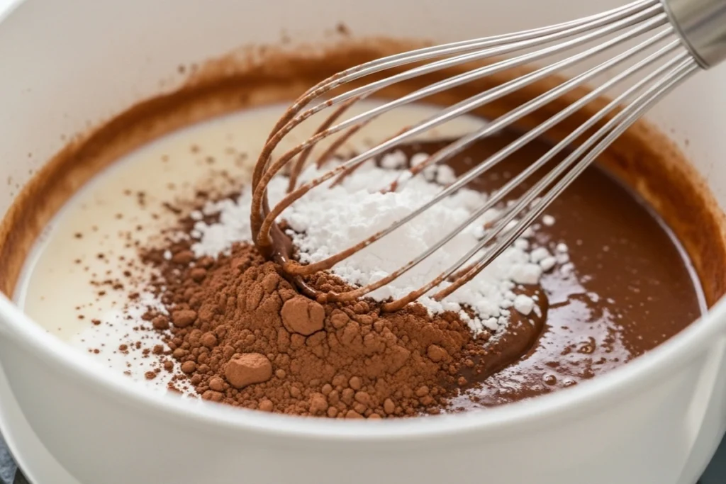 Whisking healthy chocolate dessert mixture in saucepan
