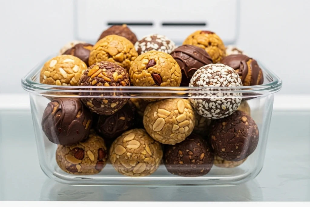 Peanut butter protein balls in fridge container