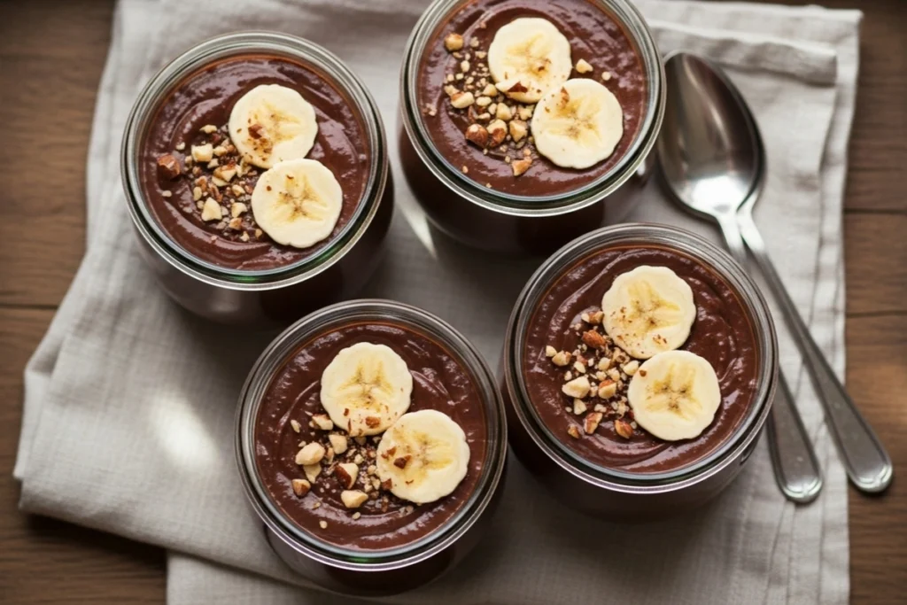 Healthy chocolate dessert served in glass jars with banana and nuts