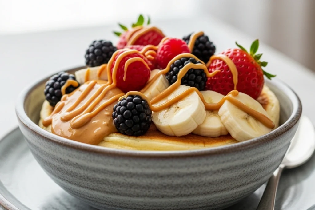 pancake bowl with banana, berries, and peanut butter drizzle