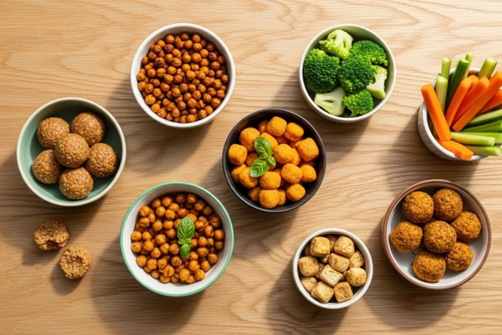 Assortment of high protein snacks on a wooden table