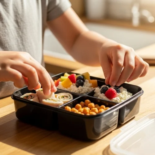 Child assembling a protein snack box with cheese, turkey, and roasted chickpeas