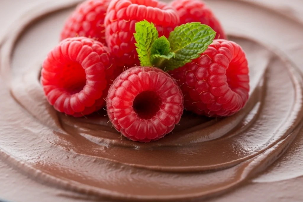 Healthy chocolate dessert in white bowl with raspberries