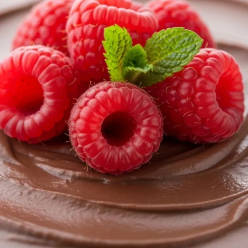 Healthy chocolate dessert in white bowl with raspberries