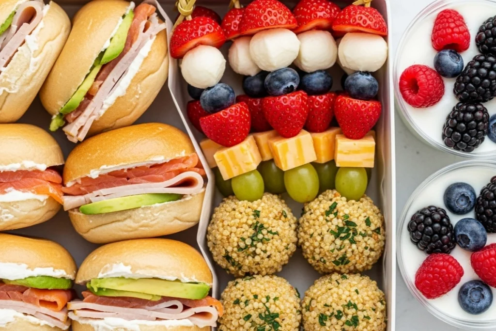 Colorful assortment of protein snacks for kids displayed in a fun and healthy bento box.