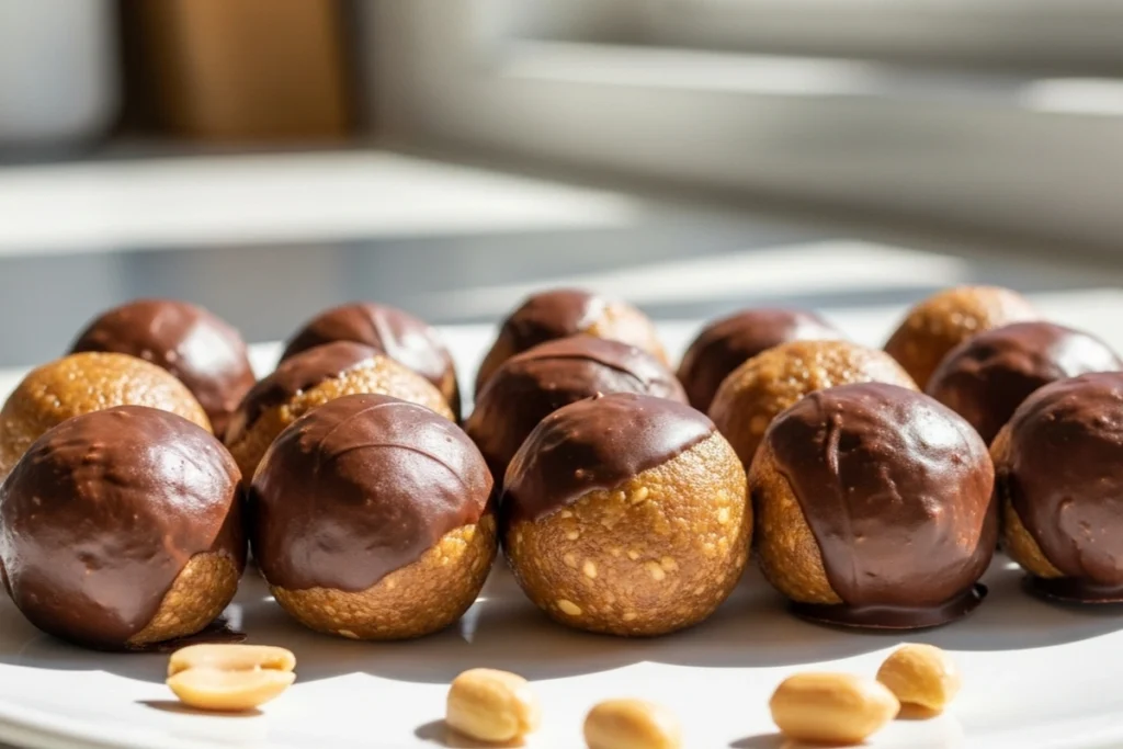 No-bake peanut butter protein balls in bowl